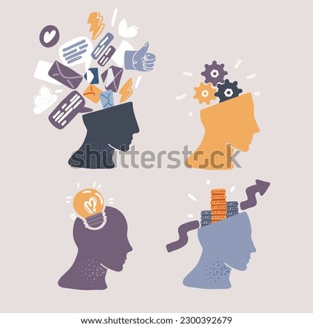Cartoon vector illustration of Human head with gear inside, Human head with lamp bulb, Gear with coin inside, messaging online trash inside