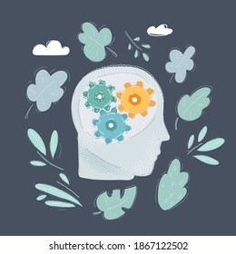 Dibujo vectorial de la mente humana sobre fondo oscuro. Engranar en la cabeza. Concepto de proceso mental. Objeto en el fondo oscuro.