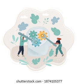 Cartoon vector illustration of human mind with gears inside. Little people with big wrench.