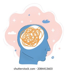 Cartoon vector illustration of The Human Mind. Man s head tangled up with threads of string - mental health concept.