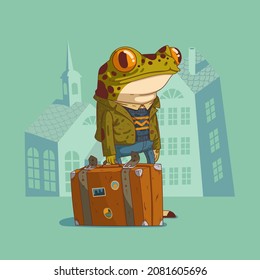 Cartoon vector illustration of humanized frog traveler. A frog wearing trendy clothes holding an old style suitcase and standing still against buildings' silhouettes. Animal character with human body