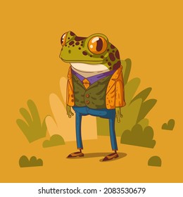 Cartoon vector illustration of humanized frog. Anthropomorphic frog. Trendy animal character with human body. A frog wearing an elegant costume and retro shoes standing still among the bushes