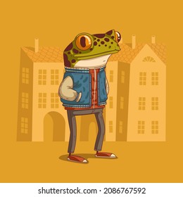 Cartoon vector illustration of humanized hipster frog. A frog wearing trendy clothes and standing still against buildings' silhouettes. Anthropomorphic frog. Animal character with human body