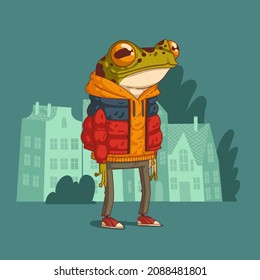 Cartoon vector illustration of humanized hipster frog. A frog wearing trendy clothes and standing still against buildings' silhouettes. Anthropomorphic frog. Animal character with human body