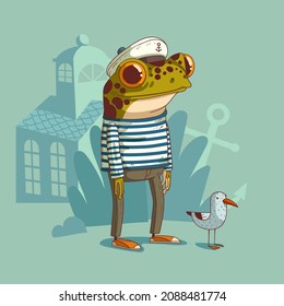 Cartoon vector illustration of humanized sailor frog. A frog wearing marine uniform standing still in a company of small seagull. Anthropomorphic frog. Animal character with human body