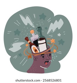 Cartoon vector illustration of Hungover male suffer from headache after waking up in morning,drank too much last night ,Drunk middle man having a hangover