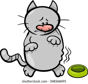 Ilustración vectorial de dibujos animados de gato hambriento con tazón vacío