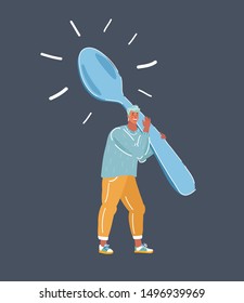 Cartoon vector illustration of hungry man with big spoon on dark bakcground.