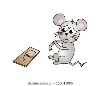 Cartoon vector illustration of a hurt crying mouse and trap./Hurt mouse/Hurt mouse.