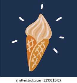 Cartoon vector illustration of ice cream in a waffle cone over dark backround