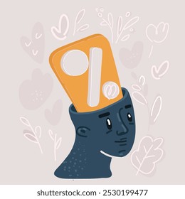 Ilustración vectorial de dibujos animados del ícono de la cabeza humana con signo porcentual.