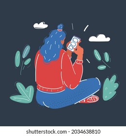 Dibujo vectorial de dibujos animados de Icono de mujer joven con smartphone en la mano sobre un fondo oscuro. Vista trasera