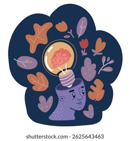 Cartoon vector illustration of Idea bulb in human head over dark background