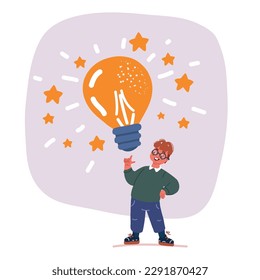 Cartoon vector illustration of Idea concept. Little boy Nerd with big lightbulb.
