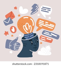 Cartoon vector illustration of Idea concept human brain thinking and speech bubble. Speech bubble with innovative idea inside. Vector.
