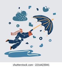 Cartoon vector illustration of Image of man holding umbrella and flying