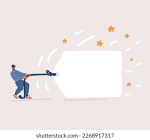 Dibujo vectorial de caricatura de la imagen del hombre tirando banner en blanco. Lugar para el texto