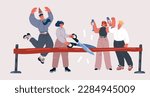 Cartoon vector illustration of inauguration of the building with ribbon cutting, people celebrating around. Open business. Woman with scissors