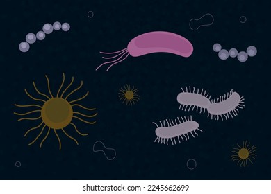 Cartoon vector illustration including bacteria of different shapes.