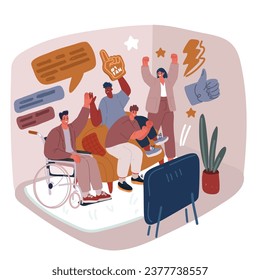 Cartoon vector illustration of Inclusive football fans watch sport show on TV. Man and woman. Character in wheelchar. People get together.
