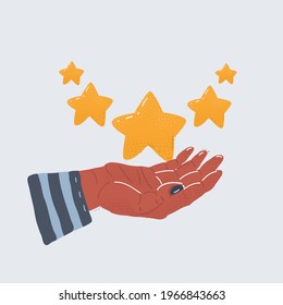 Cartoon vector illustration of Increase rating, woman hold in her hand rise on increasing five stars on dark background.