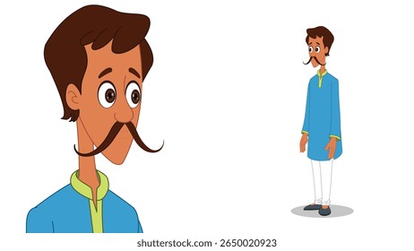Cartoon Vector Illustration of Indian Village Man in Traditional Attire – Rural Character Standing Pose