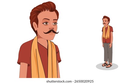Cartoon Vector Illustration of Indian Village Man in Traditional Attire – Rural Character Standing Pose