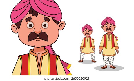 Cartoon Vector Illustration of Indian Village Man in Traditional Attire – Rural Character Standing Pose