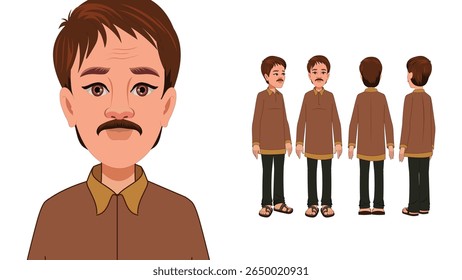 Cartoon Vector Illustration of Indian Village Man in Traditional Attire – Rural Character Standing Pose