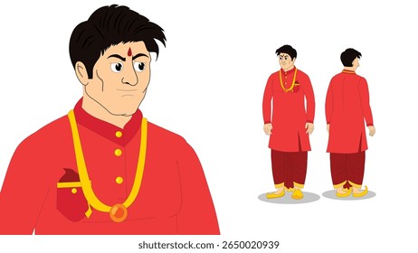 Cartoon Vector Illustration of Indian Village Man in Traditional Attire – Rural Character Standing Pose