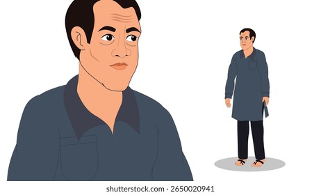 Cartoon Vector Illustration of Indian Village Man in Traditional Attire – Rural Character Standing Pose