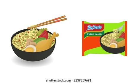 Cartoon vector illustration of  Indonesian Popular Instant Noodle. Served with Sunny Side Egg, Tomato, Cucumber, and chilli.