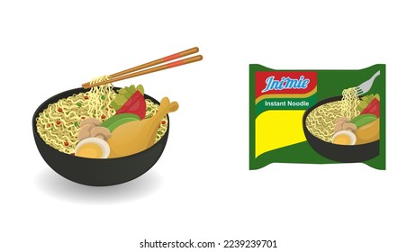 Cartoon vector illustration of  Indonesian Popular Instant Noodle. Served with Sunny Side Egg, Tomato, Cucumber, and chilli.