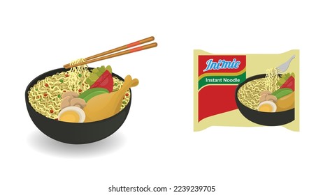 Cartoon vector illustration of  Indonesian Popular Instant Noodle. Served with Sunny Side Egg, Tomato, Cucumber, and chilli.