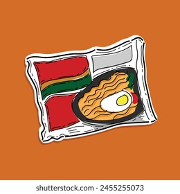 Cartoon vector illustration of Indonesian Popular Instant Noodle. Served with Sunny Side Egg, Tomato, Cucumber, and chilli. A pack of Indonesian instant stir-fried noodle