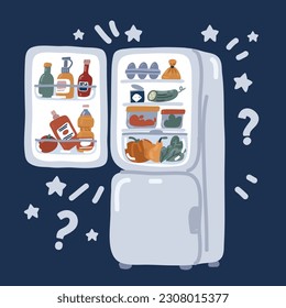 Cartoon vector illustration of Indoor and outdoor refrigerator with food. Sticker for notes on the door. Dairy and vegetables, cake and wine, eggs and fruit over dark background