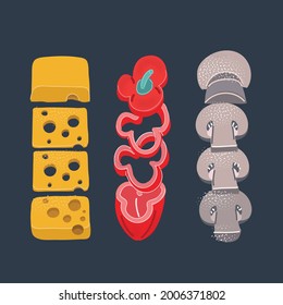 Cartoon vector illustration of ingredients collection. Sliced cheese, red paper, paprica, musrhoom on dark background.