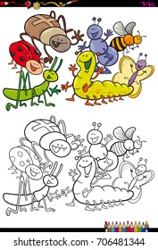 Cartoon Vector Illustration of Insects Animal Characters Group Coloring Book Activity