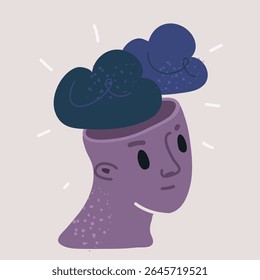 Ilustração vetorial do conceito de cabeça interior mau humor. Pensamento bravo. Sol ou nuvens no lugar do cérebro. Síndrome menstrual feliz ou irritada, sinal de TPM.