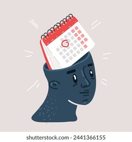Cartoon vector illustration of Inside of human head. Tasks. Schedule. Calendar Symbol. Date, deadline