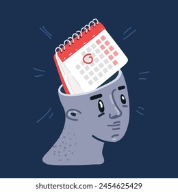 Cartoon vector illustration of Inside of human head. Tasks. Schedule. Calendar Symbol over dark backround