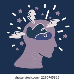 Cartoon vector illustration of Inside woman's head concept. Good and bad mood. Cluds in place of brain. Girl happy or angry, pre menstrual syndrome PMS sign over dark background