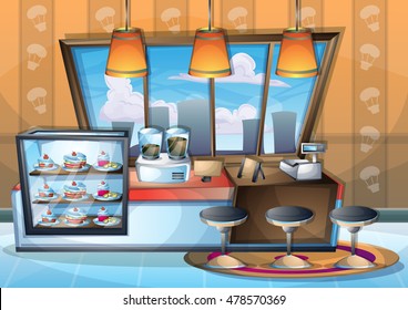 cartoon vector illustration interior cafe room with separated layers in 2d graphic