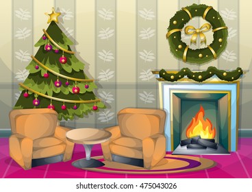 cartoon vector illustration interior Christmas room with separated layers in 2d graphic