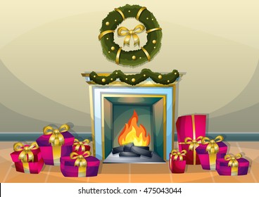 cartoon vector illustration interior Christmas room with separated layers in 2d graphic