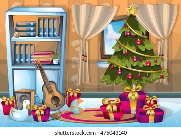 cartoon vector illustration interior Christmas room with separated layers in 2d graphic