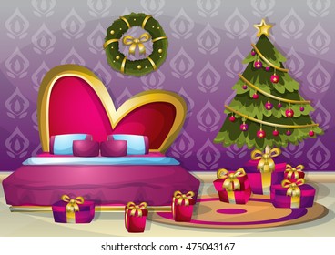 cartoon vector illustration interior Christmas room with separated layers in 2d graphic