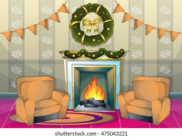 cartoon vector illustration interior Christmas room with separated layers in 2d graphic