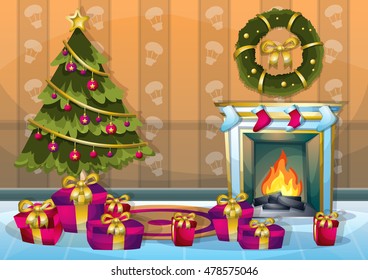 cartoon vector illustration interior Christmas room with separated layers in 2d graphic