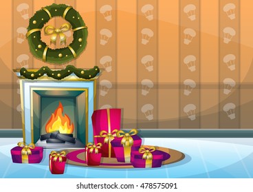 cartoon vector illustration interior Christmas room with separated layers in 2d graphic